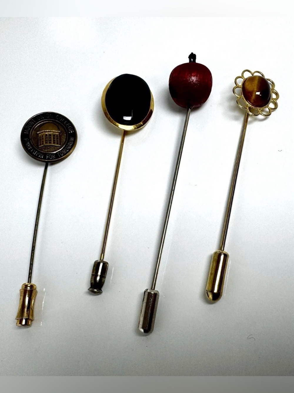 Stick Pins-Apple/Faux Onyx/Tiger Eye/Mt Union College Lot of 4 #1122